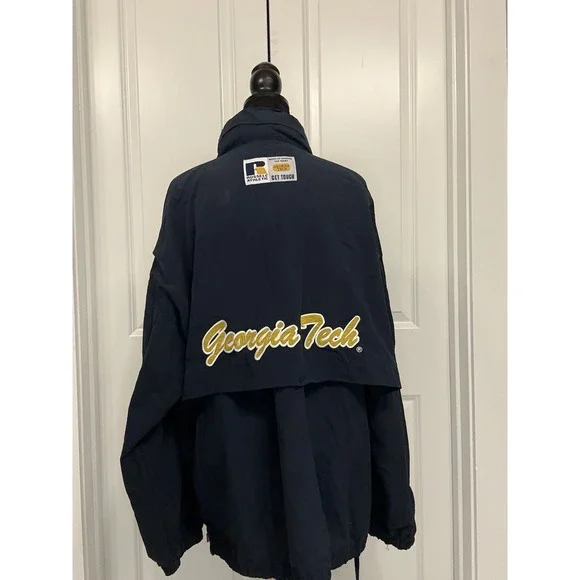 Vtg Georgia Tech 1/2 Zip Pullover Jacket XL Blue 90s Logo Windbreaker GT Hood